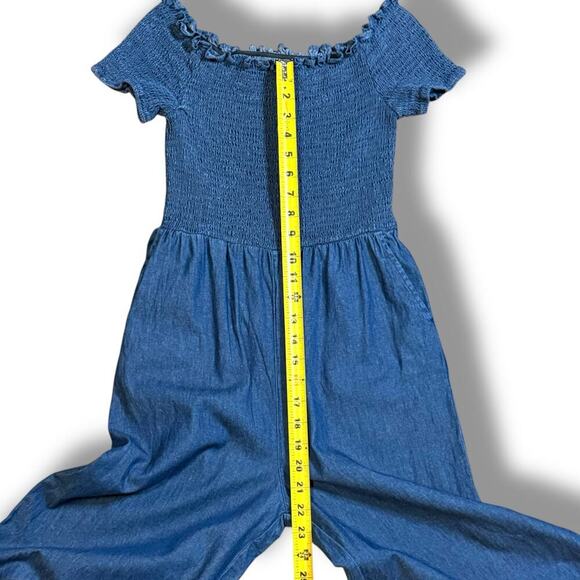 Blue Rain Denim Jumper Womens Blue Ellison Smocked Chambray Pantsuit Size S - Picture 10 of 12